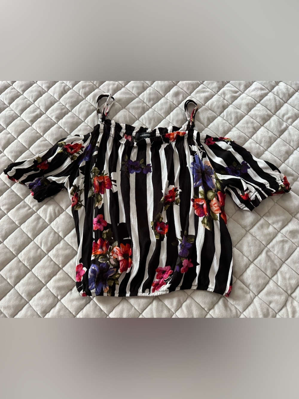 Striped Cold-Shoulder Floral Top - Black & White with Multicolor Blooms